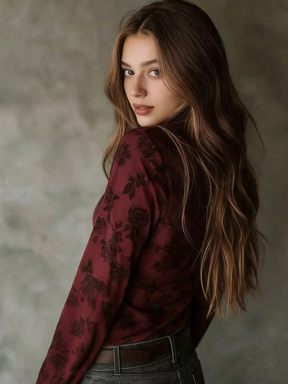 Women's Regular Length Red Rose Floral Print Button Front Shirt, Long Sleeve Classic Collar All-Over Print Vacation Blouse
