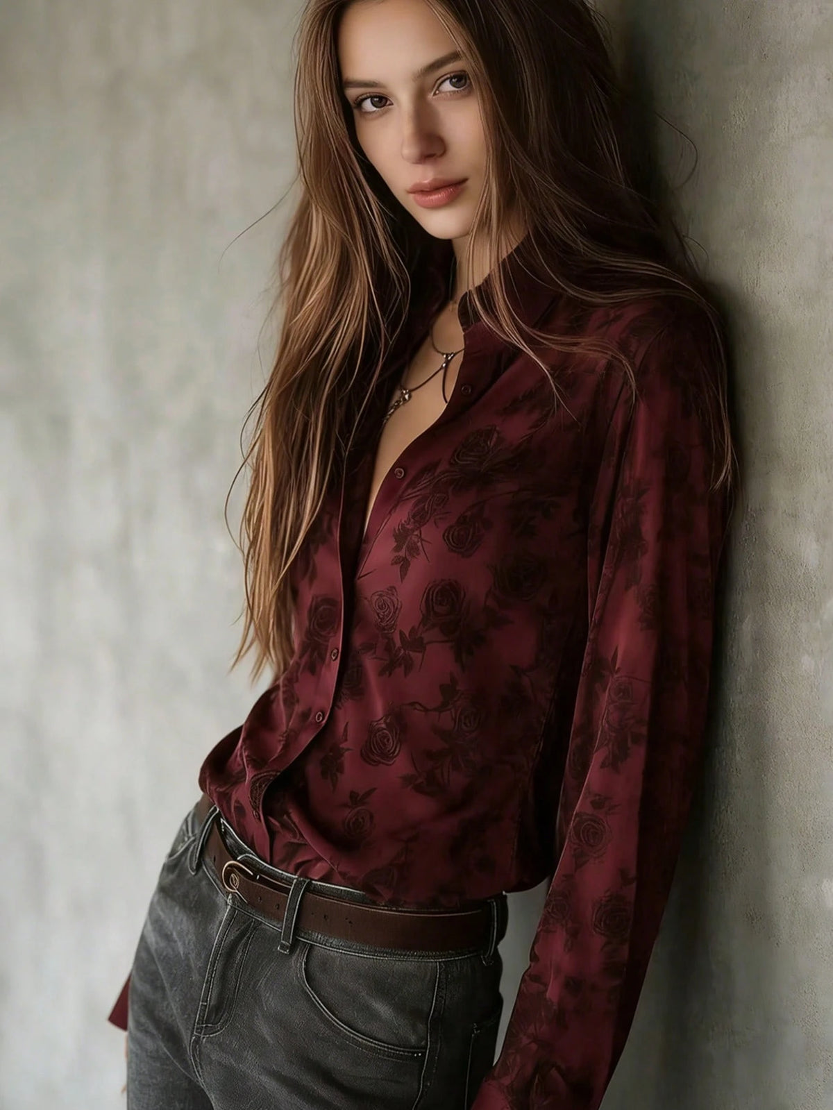 Women's Regular Length Red Rose Floral Print Button Front Shirt, Long Sleeve Classic Collar All-Over Print Vacation Blouse