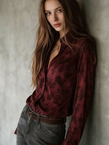 Women's Regular Length Red Rose Floral Print Button Front Shirt, Long Sleeve Classic Collar All-Over Print Vacation Blouse