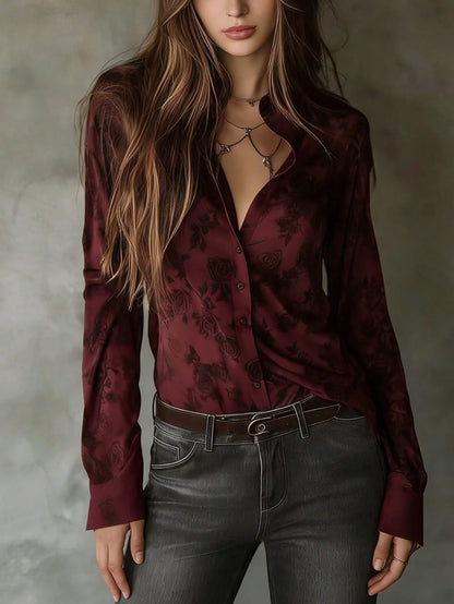 Women's Regular Length Red Rose Floral Print Button Front Shirt, Long Sleeve Classic Collar All-Over Print Vacation Blouse