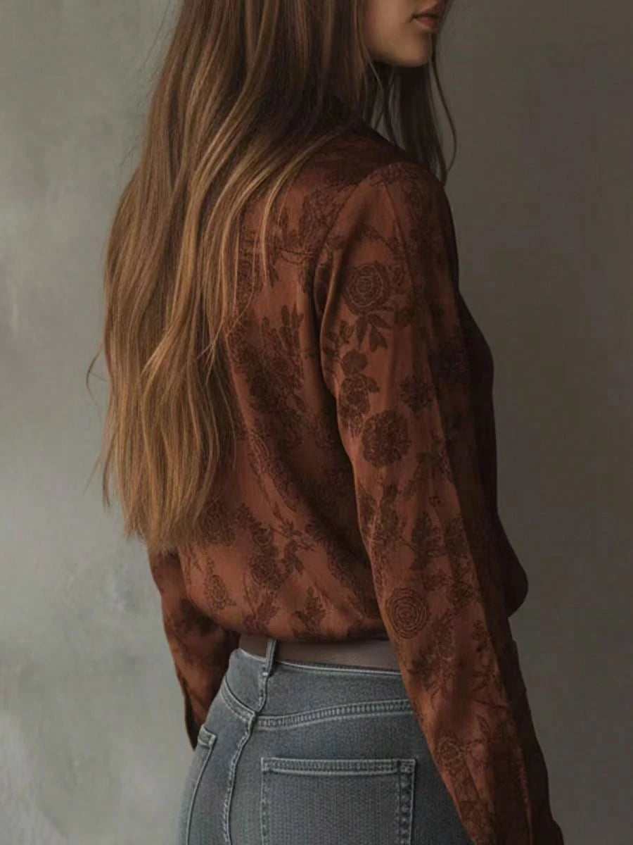 Women's Regular Length Red Rose Floral Print Button Front Shirt, Long Sleeve Classic Collar All-Over Print Vacation Blouse