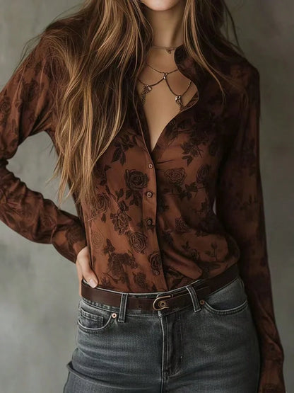 Women's Regular Length Red Rose Floral Print Button Front Shirt, Long Sleeve Classic Collar All-Over Print Vacation Blouse
