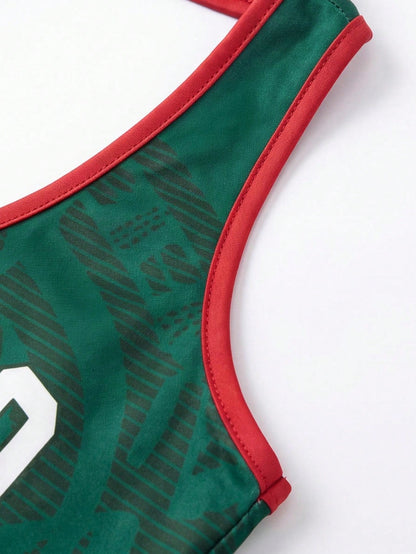Women's Retro Letter Print Camisole Crop Top, Green & Red Trim Sports Style Camisole Summer Casual, Y2K Aesthetic