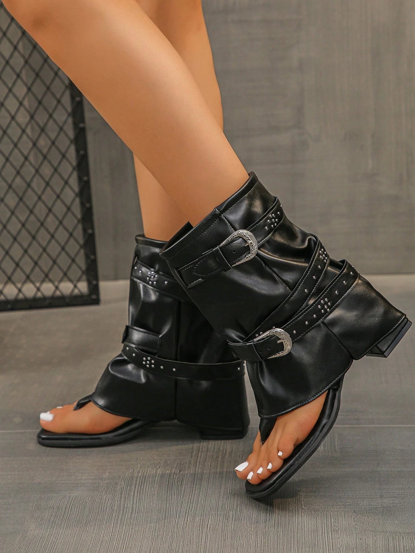 Women's Roman Style Open Toe Sandals, Chunky Heel Ankle Boots With Buckle Strap, Punk Rock Style Black Gladiator Sandals For Summer,Flip Flops