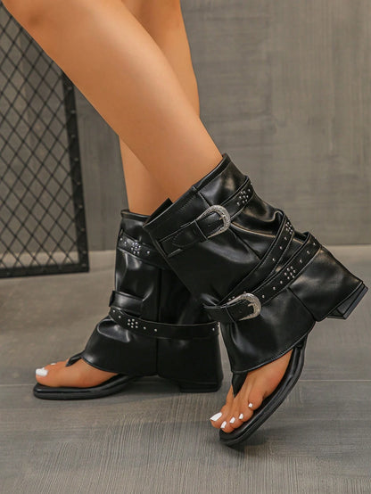 Women's Roman Style Open Toe Sandals, Chunky Heel Ankle Boots With Buckle Strap, Punk Rock Style Black Gladiator Sandals For Summer,Flip Flops