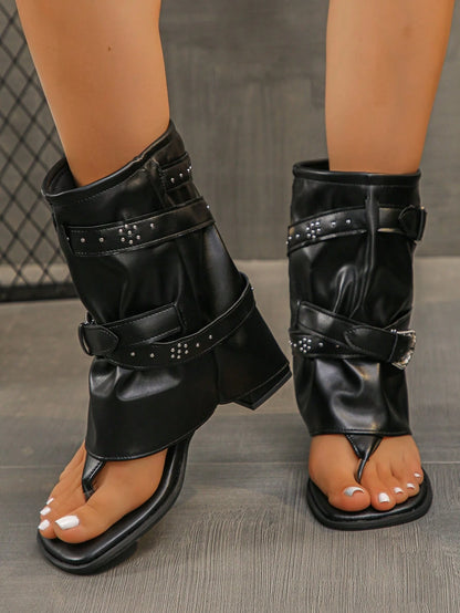 Women's Roman Style Open Toe Sandals, Chunky Heel Ankle Boots With Buckle Strap, Punk Rock Style Black Gladiator Sandals For Summer,Flip Flops