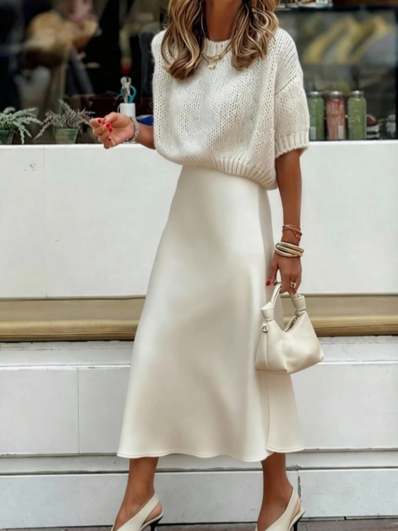 Women's Satin Mid-Length A-Line Skirt, High Waist Flowy Silk-Like Fabric, Elegant Casual Wear For Work & Daily White
