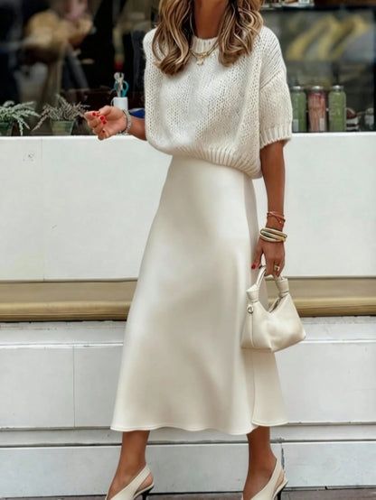 Women's Satin Mid-Length A-Line Skirt, High Waist Flowy Silk-Like Fabric, Elegant Casual Wear For Work & Daily White