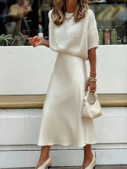 Women's Satin Mid-Length A-Line Skirt, High Waist Flowy Silk-Like Fabric, Elegant Casual Wear For Work & Daily White