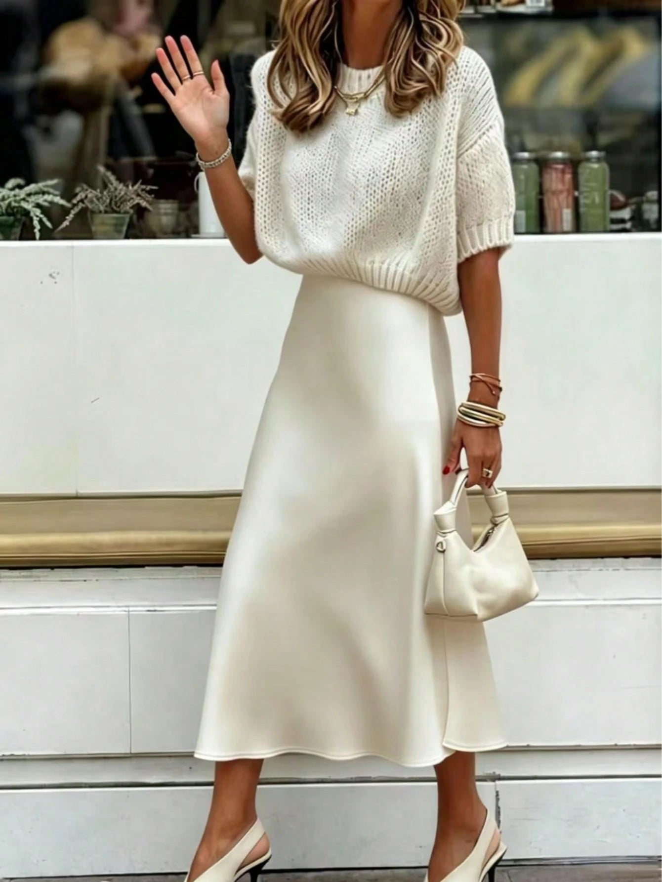 Women's Satin Mid-Length A-Line Skirt, High Waist Flowy Silk-Like Fabric, Elegant Casual Wear For Work & Daily White