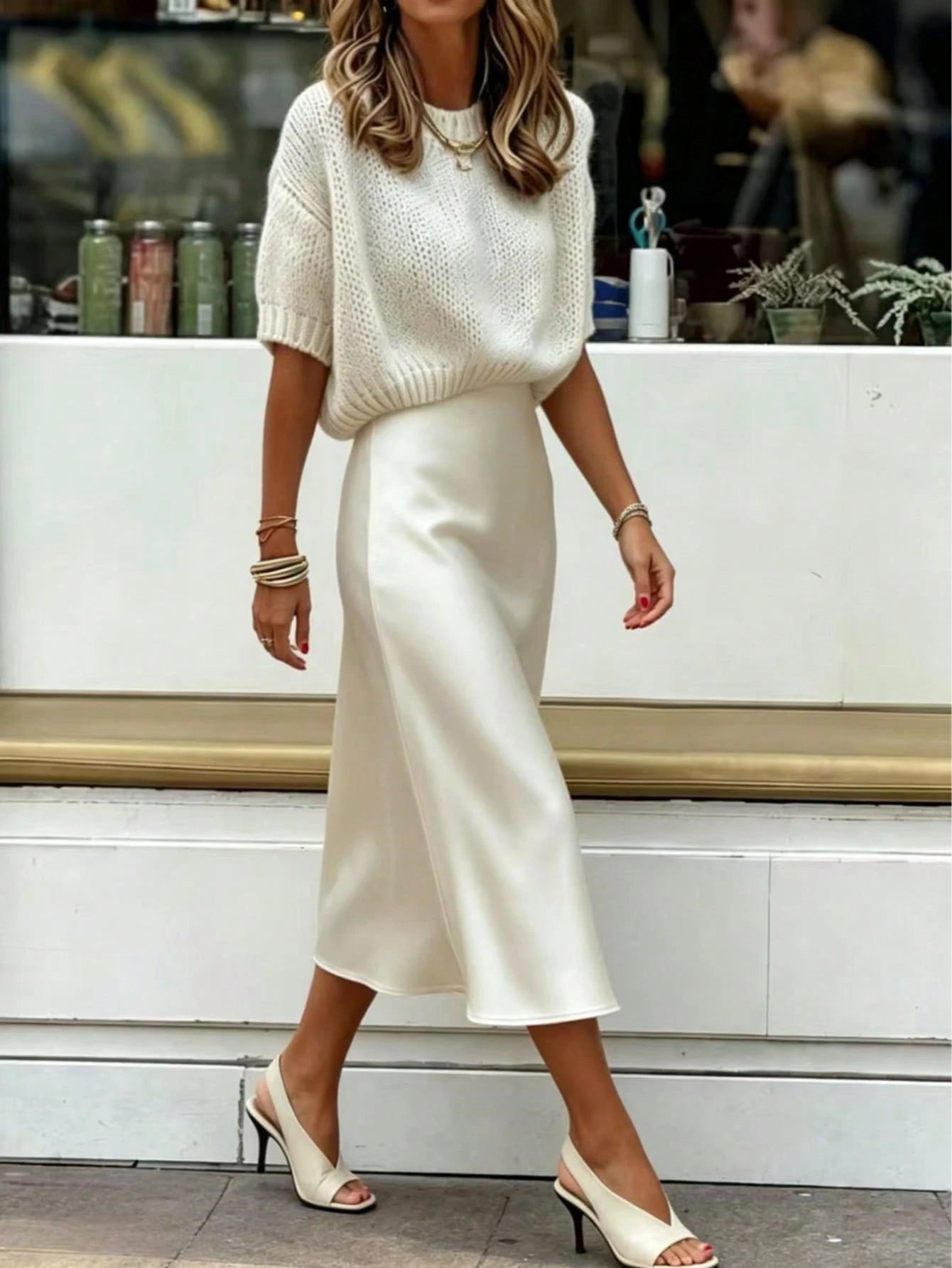 Women's Satin Mid-Length A-Line Skirt, High Waist Flowy Silk-Like Fabric, Elegant Casual Wear For Work & Daily White