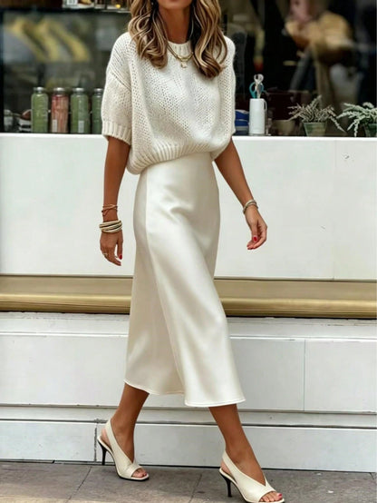 Women's Satin Mid-Length A-Line Skirt, High Waist Flowy Silk-Like Fabric, Elegant Casual Wear For Work & Daily White