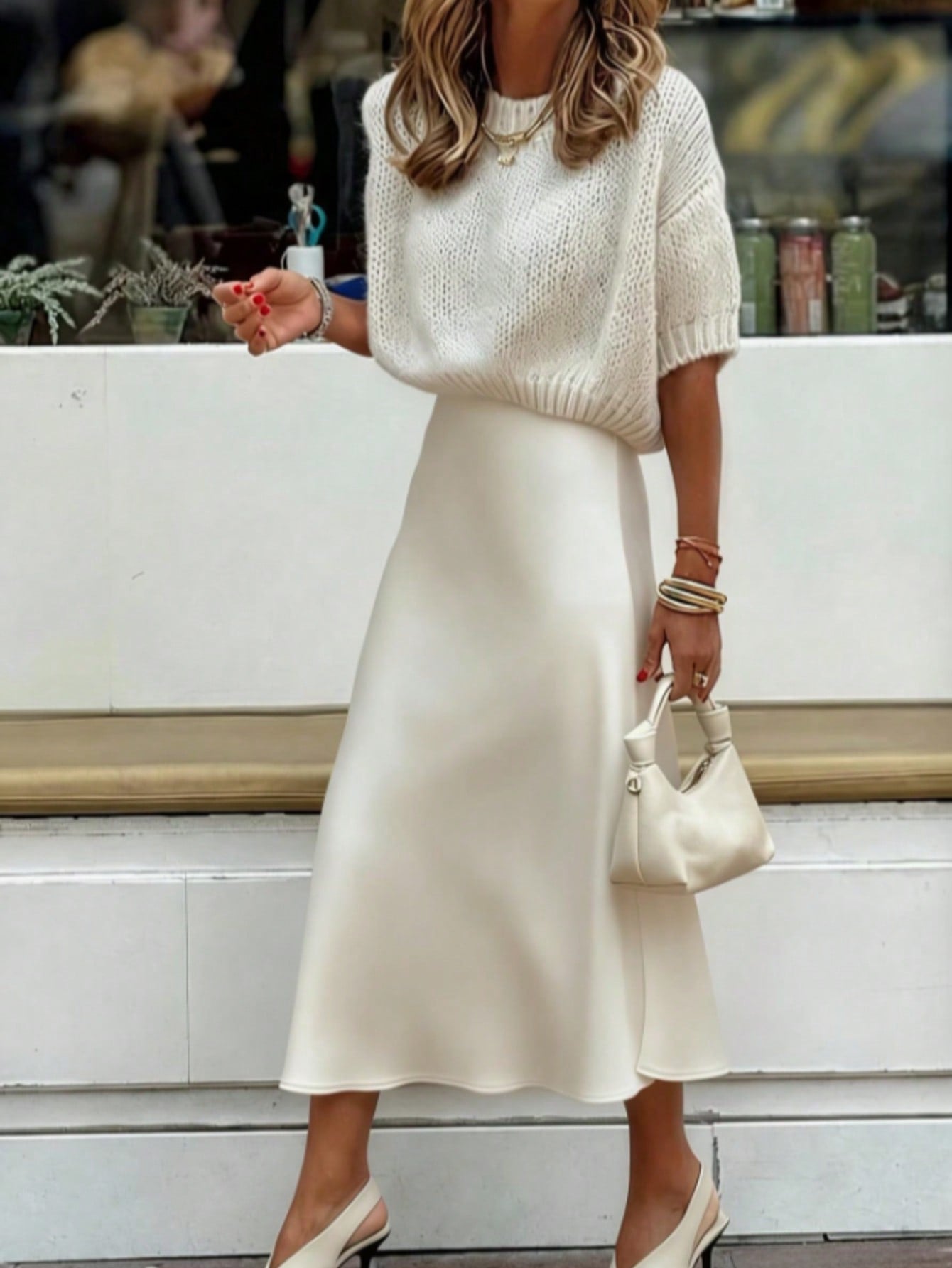 Women's Satin Mid-Length A-Line Skirt, High Waist Flowy Silk-Like Fabric, Elegant Casual Wear For Work & Daily White