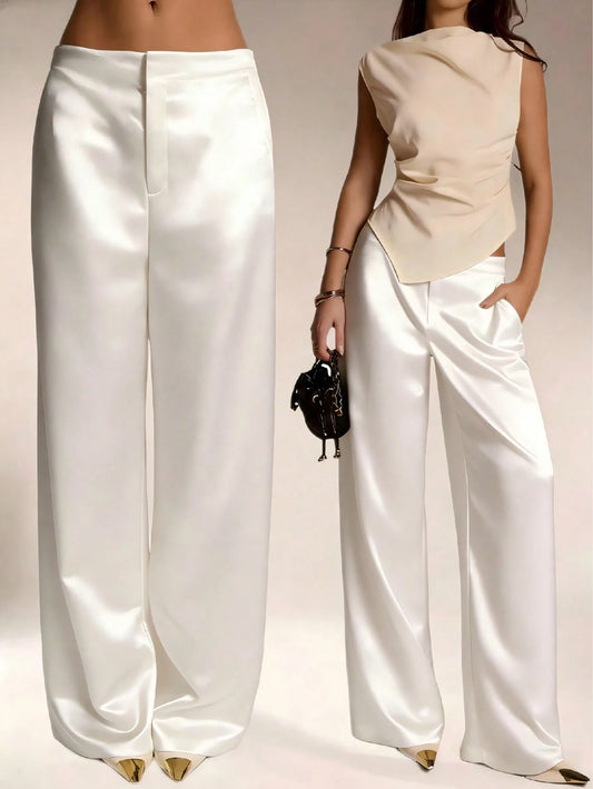 Women's Satin Silk Long Pants Solid Color Sateen Pocket Zipper Trousers Vacation Office Brunch Airport Outfit All Seasons (White Slightly Sheer)