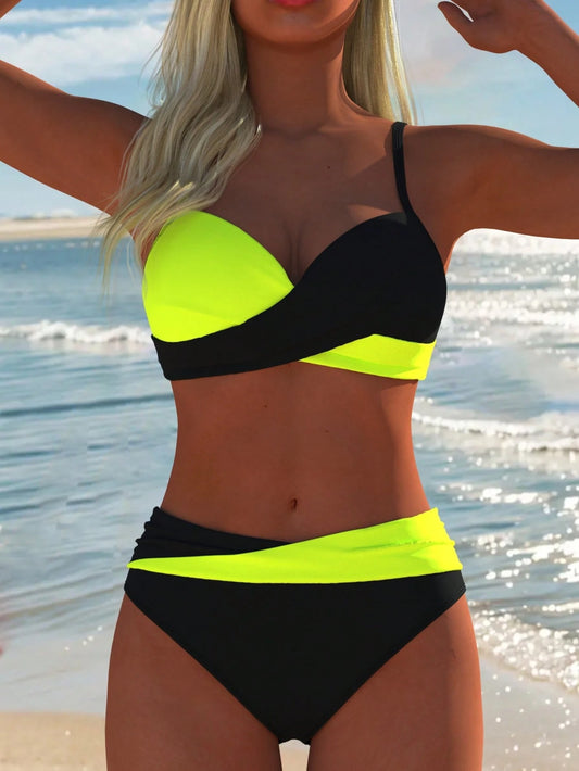 Women's Sexy Casual Black & Yellow Colorblock Spaghetti Strap Bikini Set, New Beach Summer Vacation Style, Holiday Summer Travel Outfit