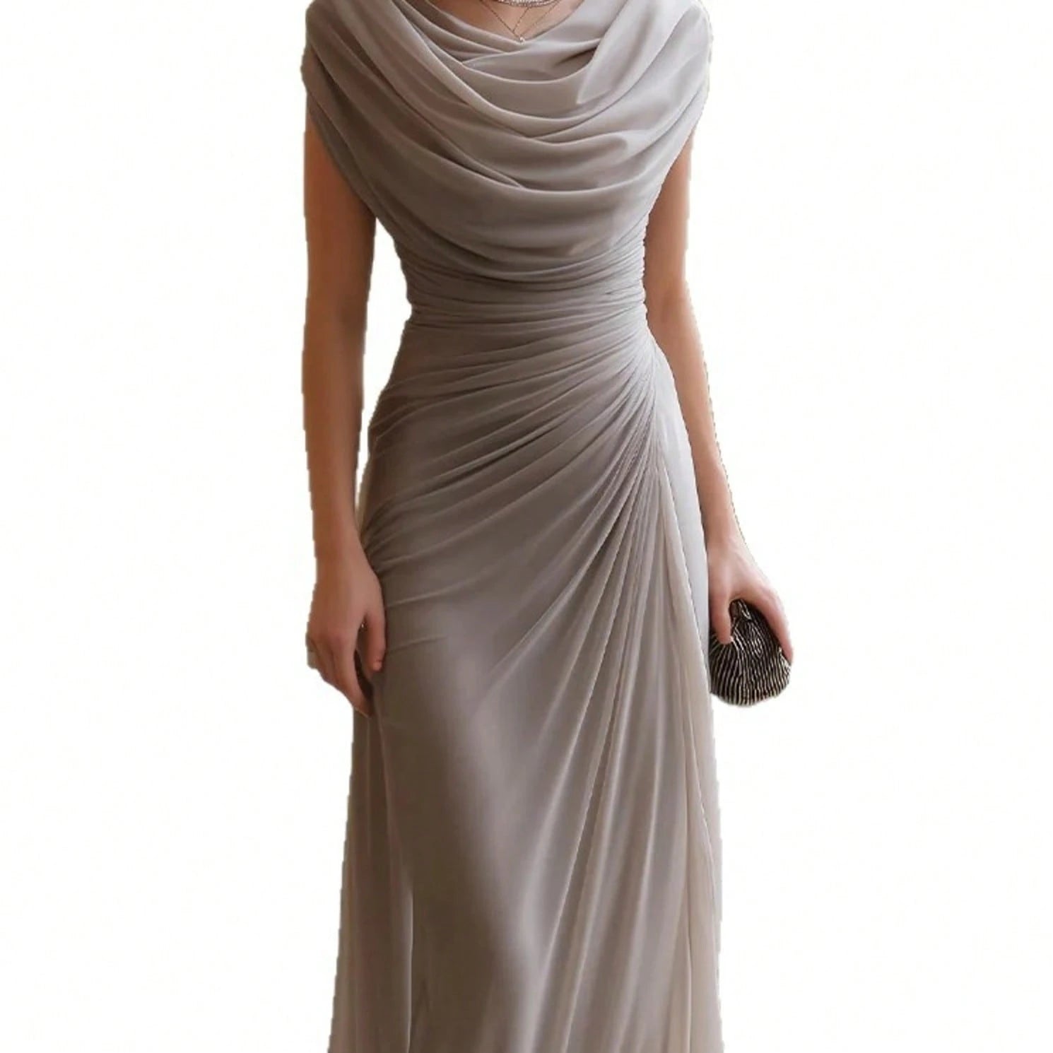 Women's Sexy Urban Relaxed Fit Wedding Guest Surplice Neck Pleated Flowy Long Gown