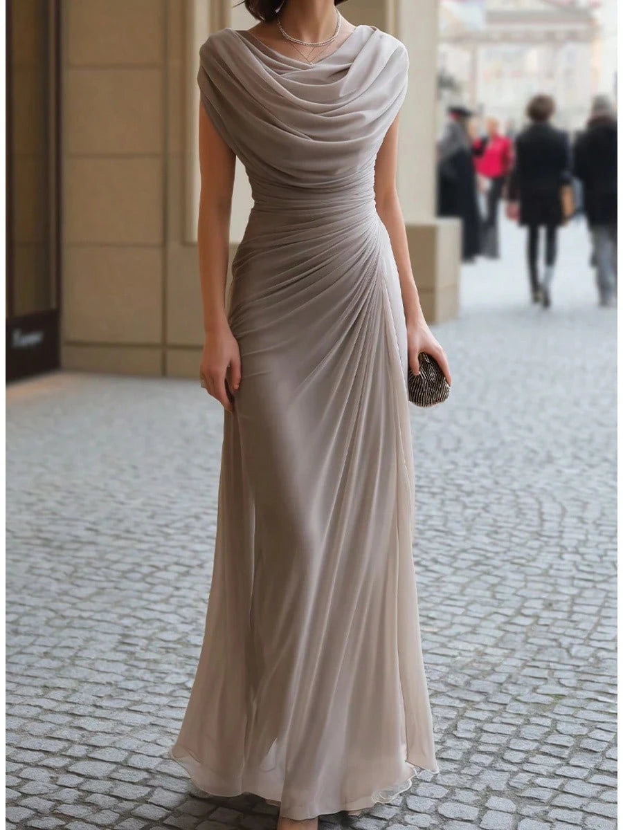 Women's Sexy Urban Relaxed Fit Wedding Guest Surplice Neck Pleated Flowy Long Gown