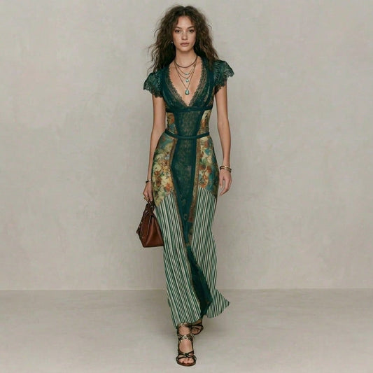 Women's Sexy V-Neck Dress For Summer Vacation Retro Elegant Print Wedding Guest Dress Green Lace Bodycon Dress Formal Prom Party Dress Office Lady