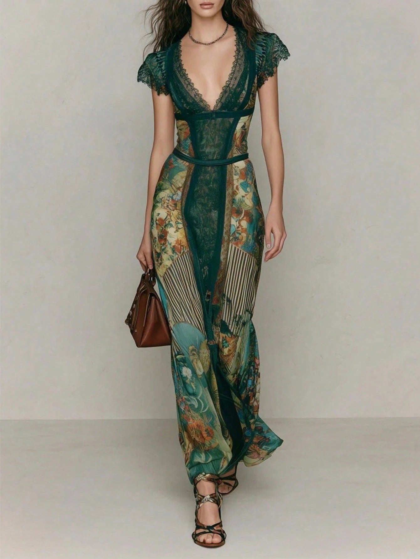 Women's Sexy V-Neck Dress For Summer Vacation Retro Elegant Print Wedding Guest Dress Green Lace Bodycon Dress Formal Prom Party Dress Office Lady