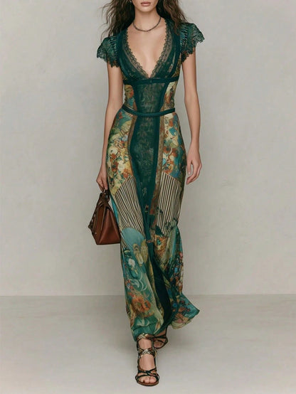 Women's Sexy V-Neck Dress For Summer Vacation Retro Elegant Print Wedding Guest Dress Green Lace Bodycon Dress Formal Prom Party Dress Office Lady