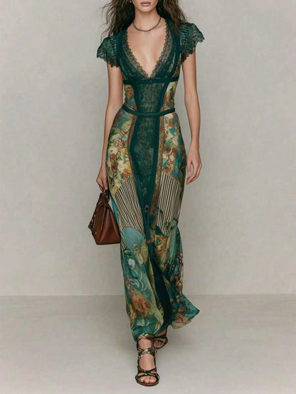 Women's Sexy V-Neck Dress For Summer Vacation Retro Elegant Print Wedding Guest Dress Green Lace Bodycon Dress Formal Prom Party Dress Office Lady