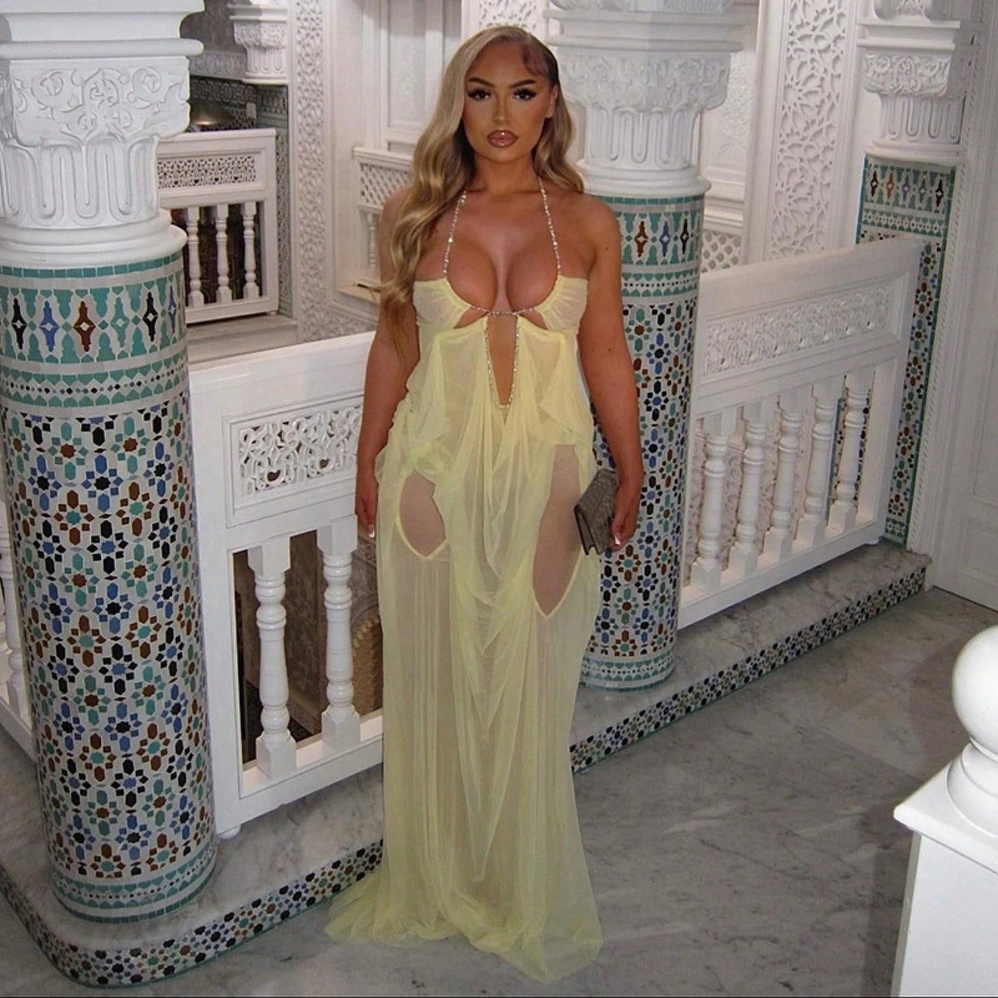 Women's Sheer Mesh Long Dress Club Outfit Rhinestone Spaghetti Strap Cutout Bodycon See Through Evening Party Long Dress
