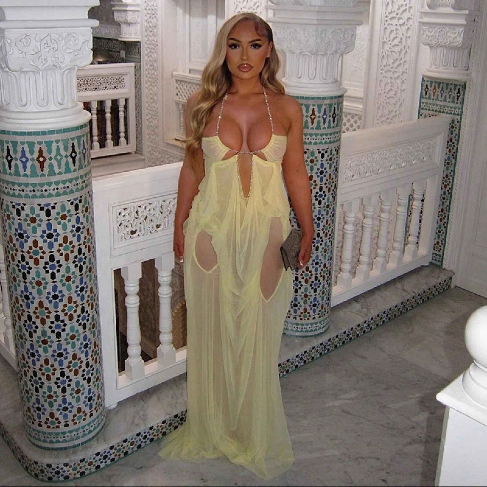 Women's Sheer Mesh Long Dress Club Outfit Rhinestone Spaghetti Strap Cutout Bodycon See Through Evening Party Long Dress