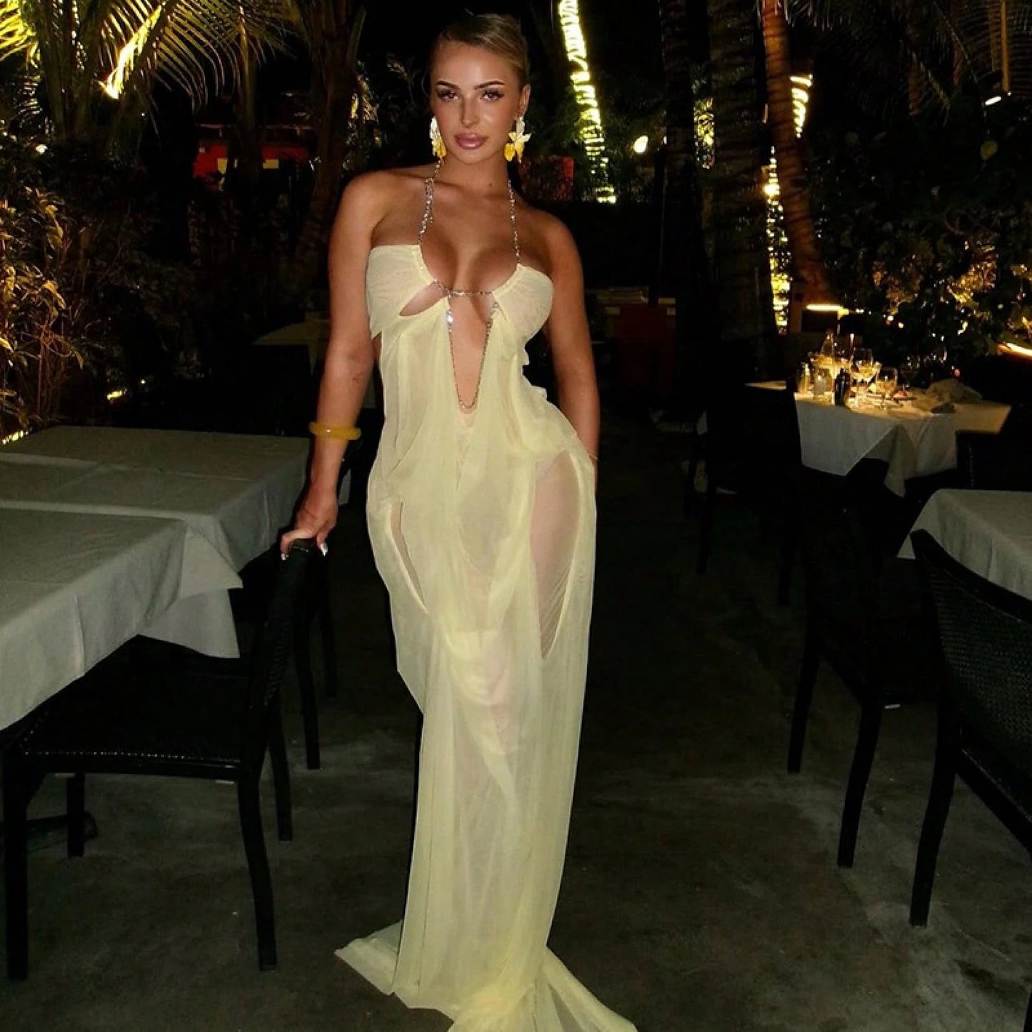 Women's Sheer Mesh Long Dress Club Outfit Rhinestone Spaghetti Strap Cutout Bodycon See Through Evening Party Long Dress