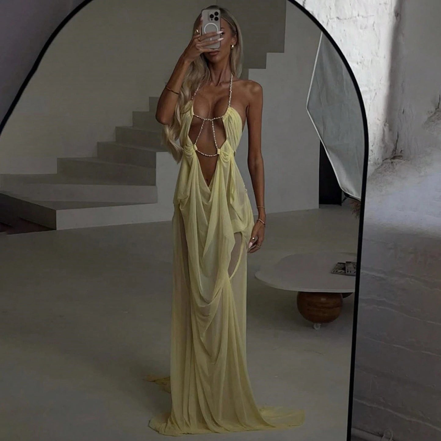 Women's Sheer Mesh Long Dress Club Outfit Rhinestone Spaghetti Strap Cutout Bodycon See Through Evening Party Long Dress