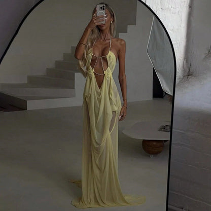 Women's Sheer Mesh Long Dress Club Outfit Rhinestone Spaghetti Strap Cutout Bodycon See Through Evening Party Long Dress