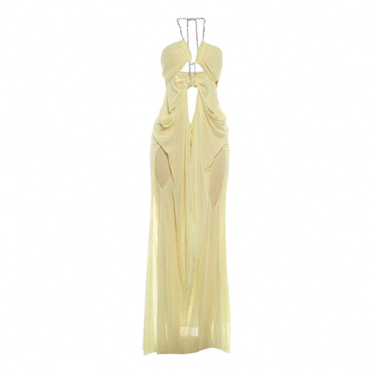 Women's Sheer Mesh Long Dress Club Outfit Rhinestone Spaghetti Strap Cutout Bodycon See Through Evening Party Long Dress