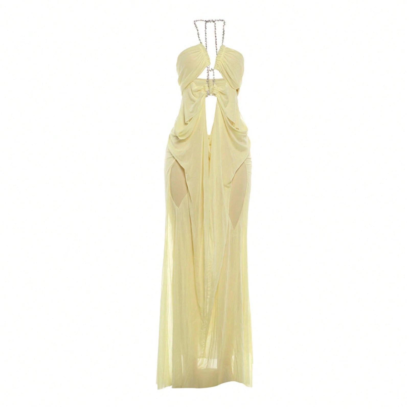 Women's Sheer Mesh Long Dress Club Outfit Rhinestone Spaghetti Strap Cutout Bodycon See Through Evening Party Long Dress