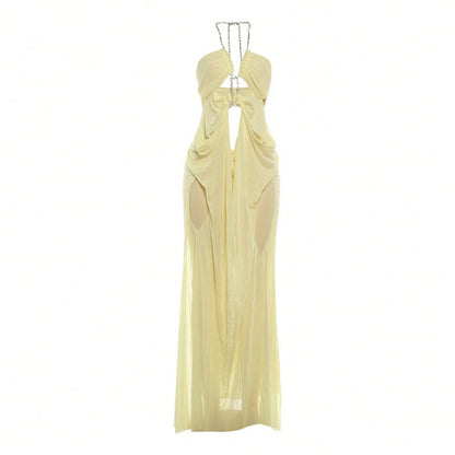 Women's Sheer Mesh Long Dress Club Outfit Rhinestone Spaghetti Strap Cutout Bodycon See Through Evening Party Long Dress