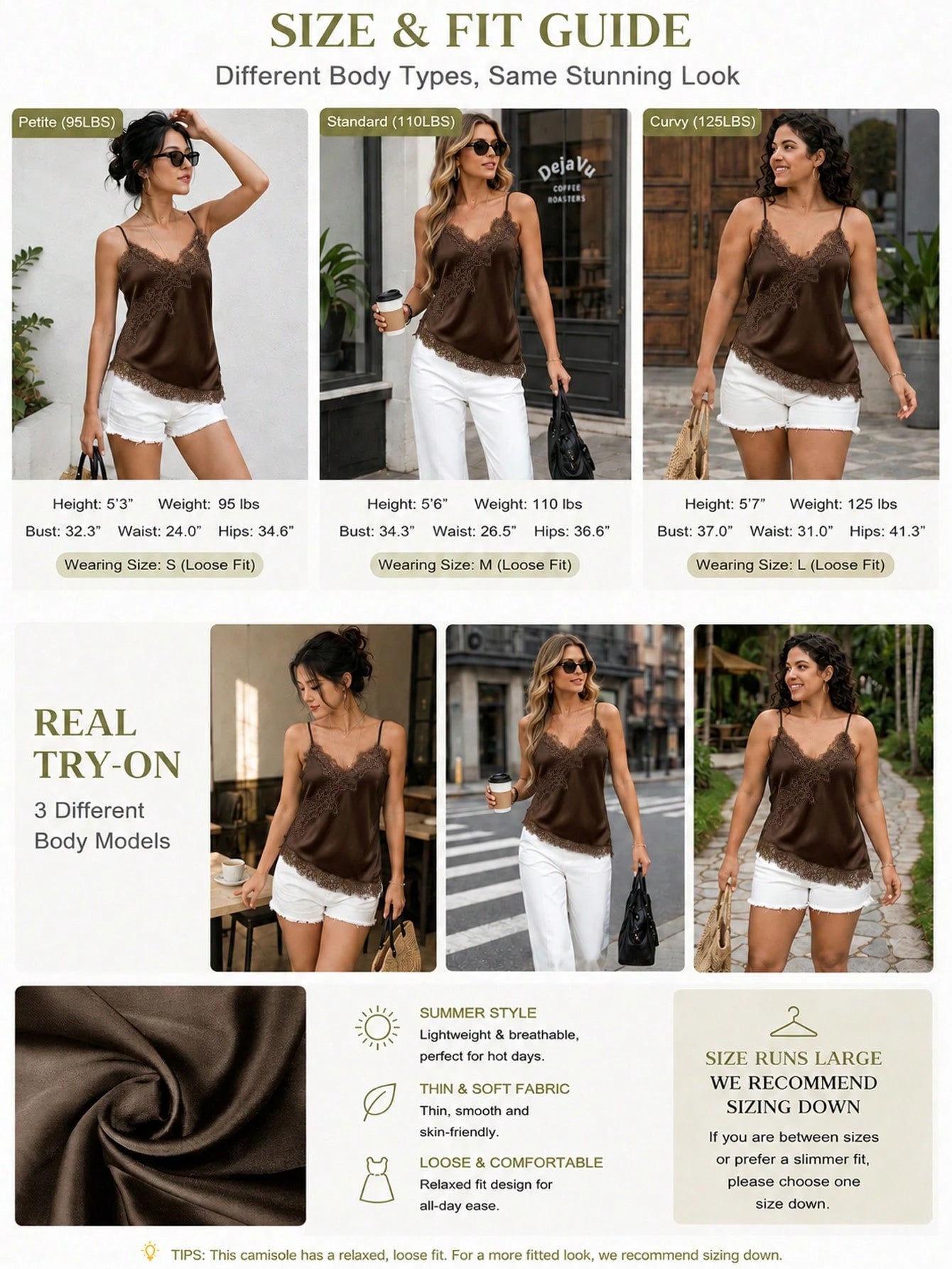 Women's Soft Satin V-Neck Asymmetrical Lace Trim Hem Fitted Camisole Top, Semi-Sheer Eyelash Lace Design Brown, Chic & Elegant Casual