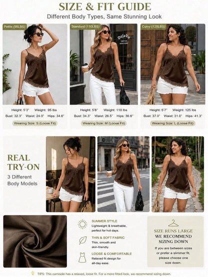 Women's Soft Satin V-Neck Asymmetrical Lace Trim Hem Fitted Camisole Top, Semi-Sheer Eyelash Lace Design Brown, Chic & Elegant Casual