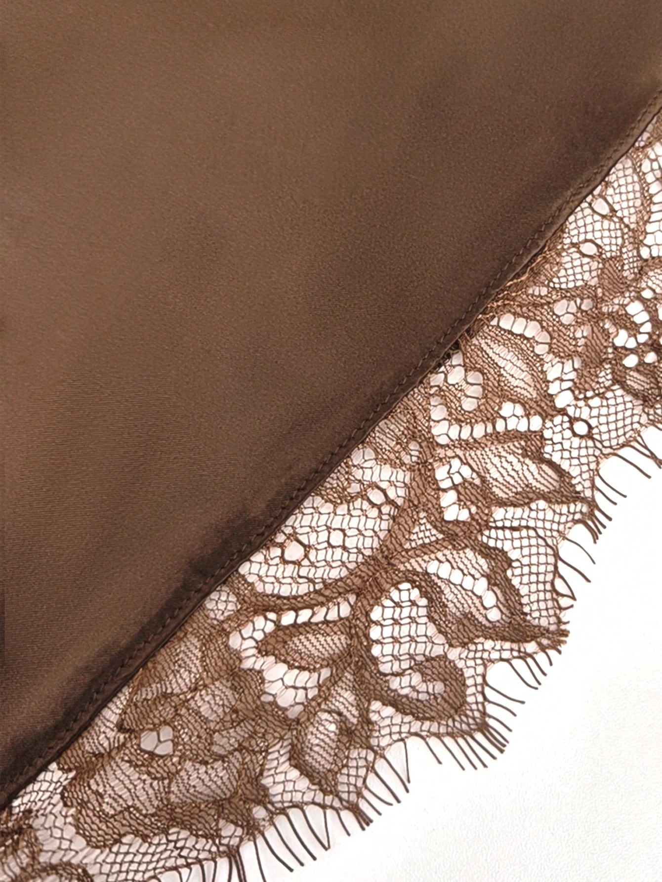 Women's Soft Satin V-Neck Asymmetrical Lace Trim Hem Fitted Camisole Top, Semi-Sheer Eyelash Lace Design Brown, Chic & Elegant Casual