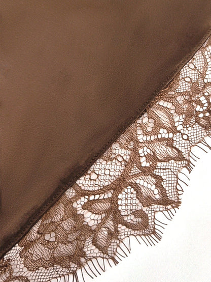 Women's Soft Satin V-Neck Asymmetrical Lace Trim Hem Fitted Camisole Top, Semi-Sheer Eyelash Lace Design Brown, Chic & Elegant Casual
