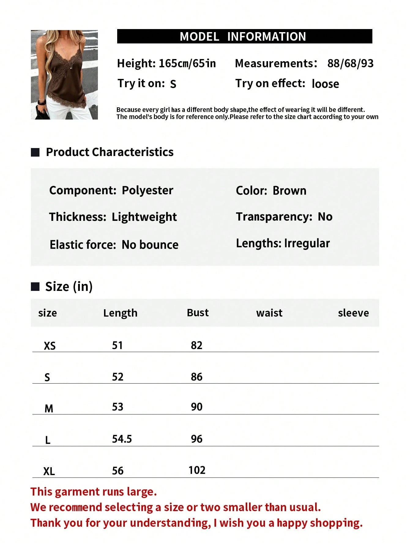 Women's Soft Satin V-Neck Asymmetrical Lace Trim Hem Fitted Camisole Top, Semi-Sheer Eyelash Lace Design Brown, Chic & Elegant Casual