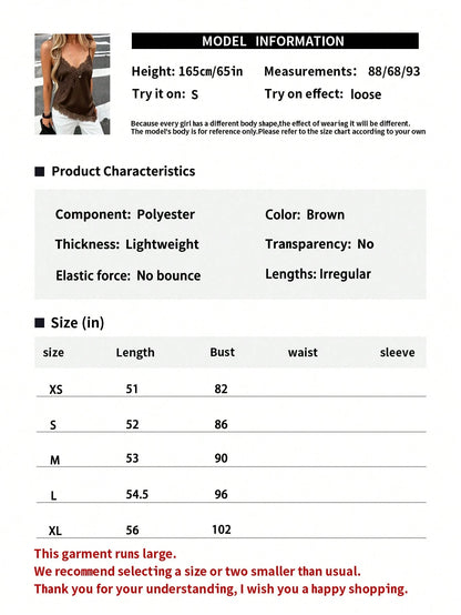 Women's Soft Satin V-Neck Asymmetrical Lace Trim Hem Fitted Camisole Top, Semi-Sheer Eyelash Lace Design Brown, Chic & Elegant Casual