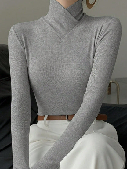 Women's Solid Color Knitted Cross Design Stand Collar Base Layer T-Shirt Top, Office Wear, New Year, Autumn/Winter New Arrival Casual