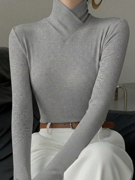 Women's Solid Color Knitted Cross Design Stand Collar Base Layer T-Shirt Top, Office Wear, New Year, Autumn/Winter New Arrival Casual
