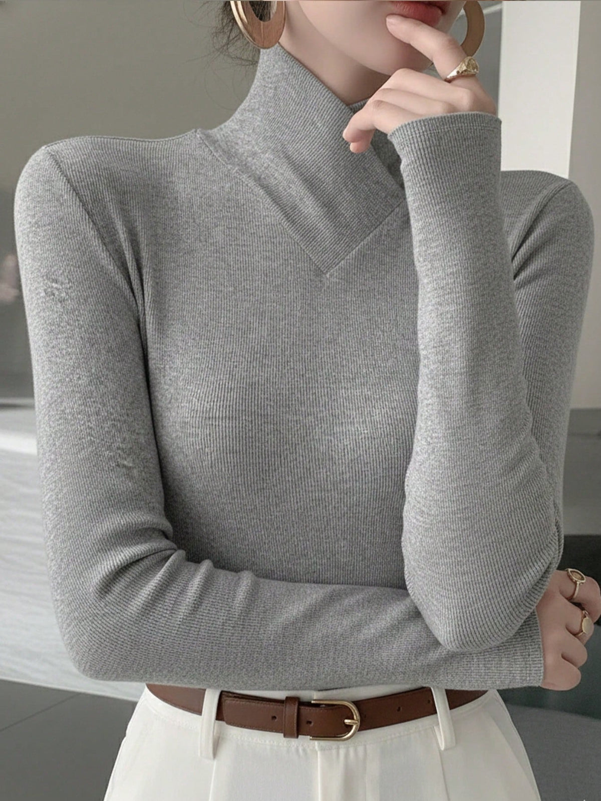 Women's Solid Color Knitted Cross Design Stand Collar Base Layer T-Shirt Top, Office Wear, New Year, Autumn/Winter New Arrival Casual