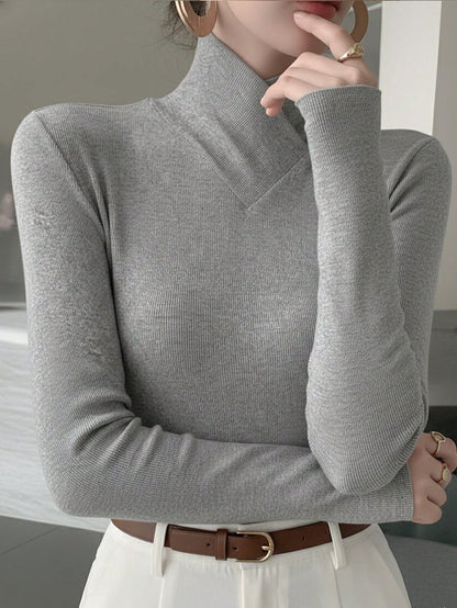 Women's Solid Color Knitted Cross Design Stand Collar Base Layer T-Shirt Top, Office Wear, New Year, Autumn/Winter New Arrival Casual