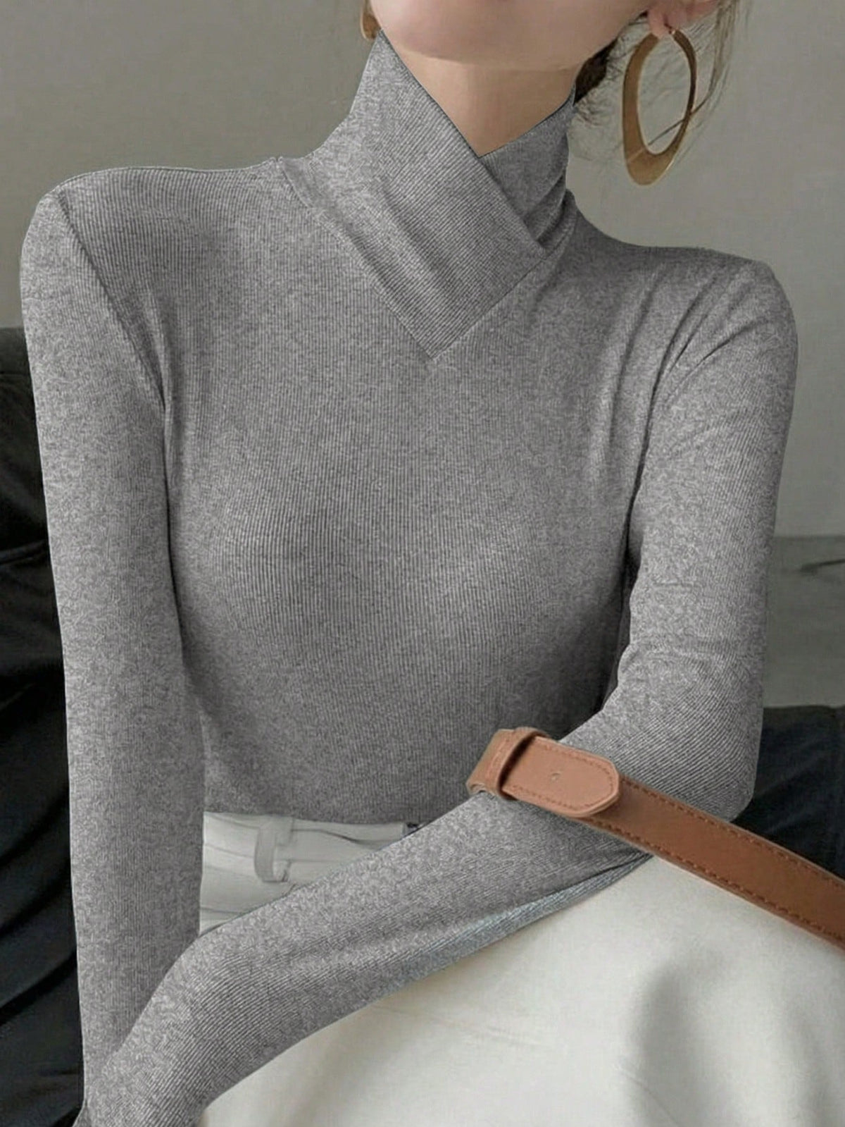 Women's Solid Color Knitted Cross Design Stand Collar Base Layer T-Shirt Top, Office Wear, New Year, Autumn/Winter New Arrival Casual