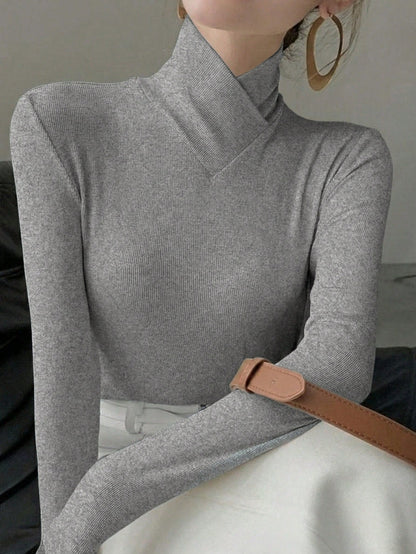 Women's Solid Color Knitted Cross Design Stand Collar Base Layer T-Shirt Top, Office Wear, New Year, Autumn/Winter New Arrival Casual