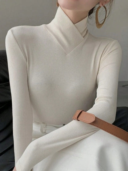 Women's Solid Color Knitted Cross Design Stand Collar Base Layer T-Shirt Top, Office Wear, New Year, Autumn/Winter New Arrival Casual