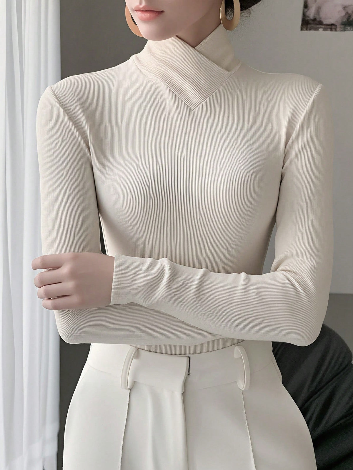 Women's Solid Color Knitted Cross Design Stand Collar Base Layer T-Shirt Top, Office Wear, New Year, Autumn/Winter New Arrival Casual