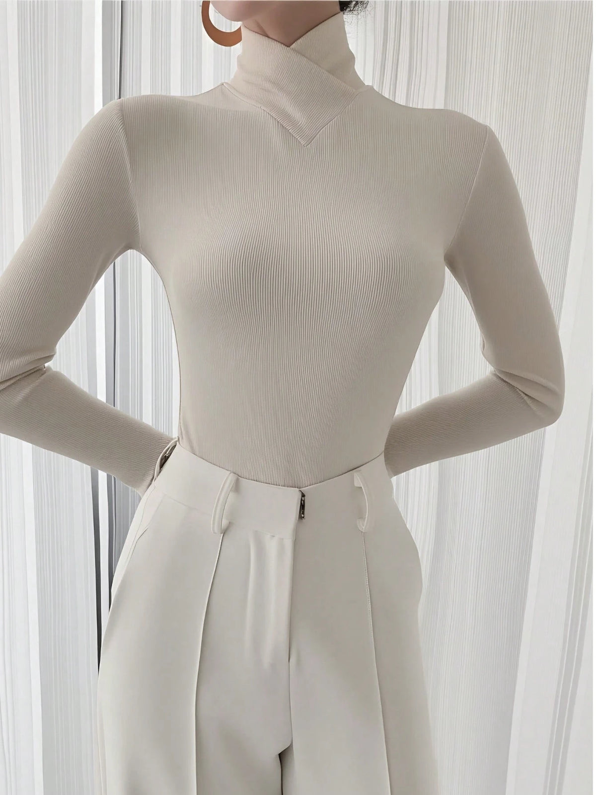 Women's Solid Color Knitted Cross Design Stand Collar Base Layer T-Shirt Top, Office Wear, New Year, Autumn/Winter New Arrival Casual