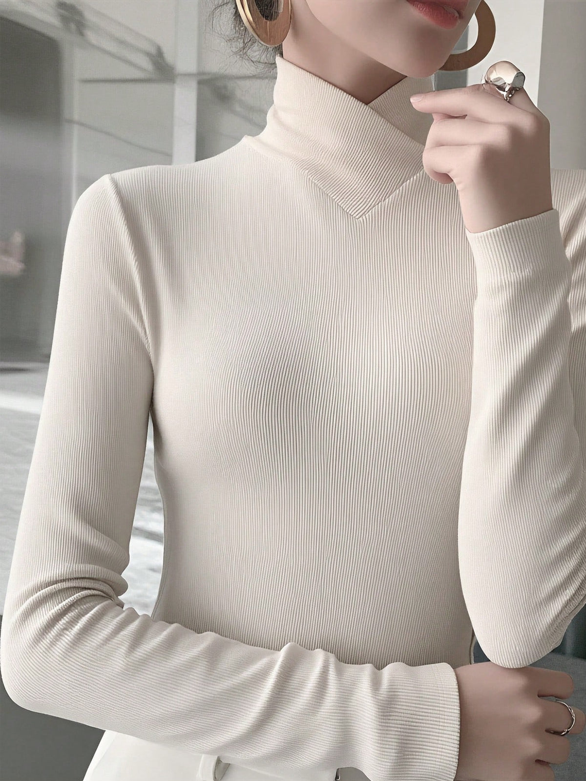 Women's Solid Color Knitted Cross Design Stand Collar Base Layer T-Shirt Top, Office Wear, New Year, Autumn/Winter New Arrival Casual