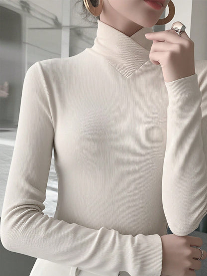 Women's Solid Color Knitted Cross Design Stand Collar Base Layer T-Shirt Top, Office Wear, New Year, Autumn/Winter New Arrival Casual
